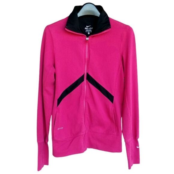 Nike Dry Fit Full Zip Running Jacket Fitness Hot Pink Black Mesh Stripe Size M - Picture 1 of 12